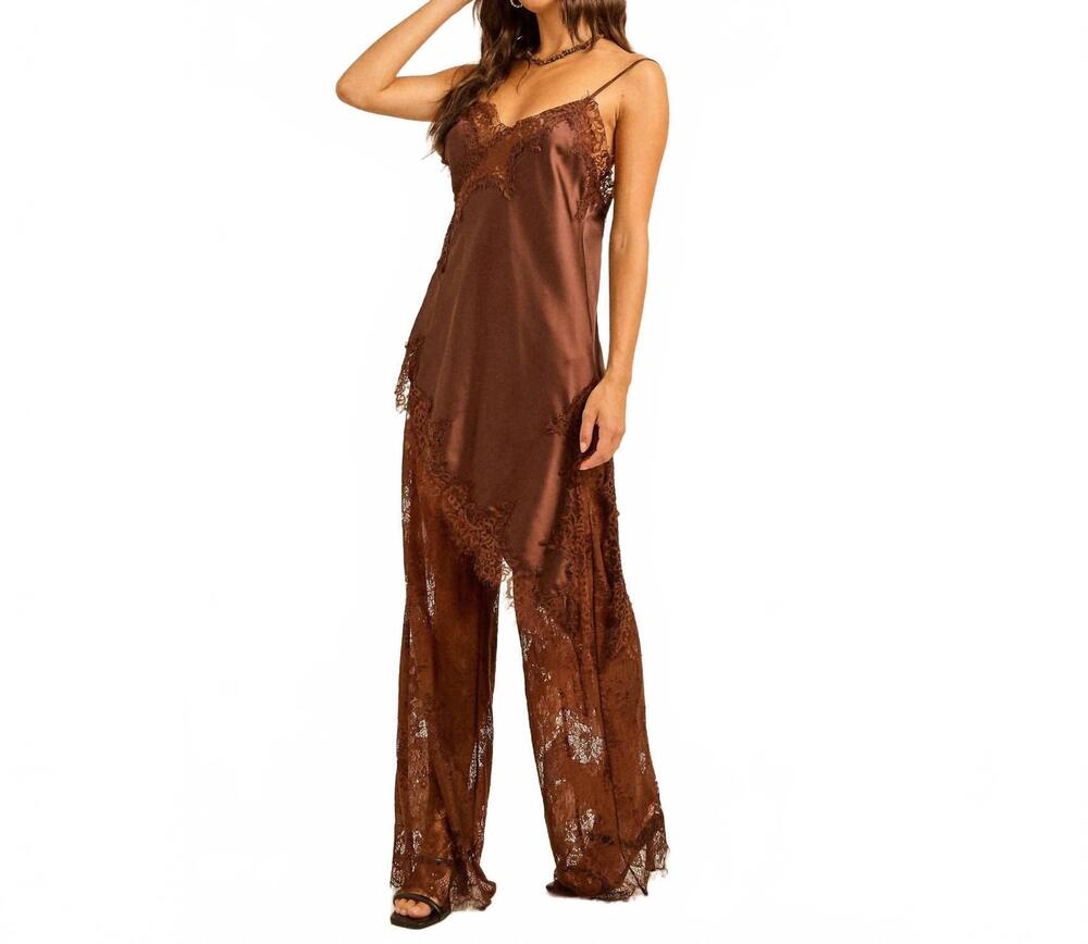 NEW SKYLAR ROSE spring satin lace trim cami and pants set in brown